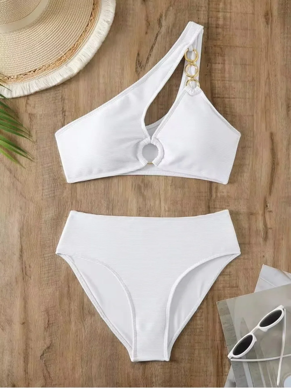White One-Shoulder Asymmetric Bikini with Gold Ring Accents - Picture 6 of 11